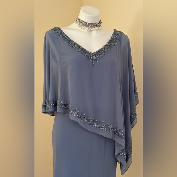 J Kara NWTS Overlay Asymmetrical Maxi Evening Dress Dusty Blue Sheer Bea… - Picture 3 of 16